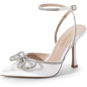 Elegant White Satin Heels with Rhinestone Bow